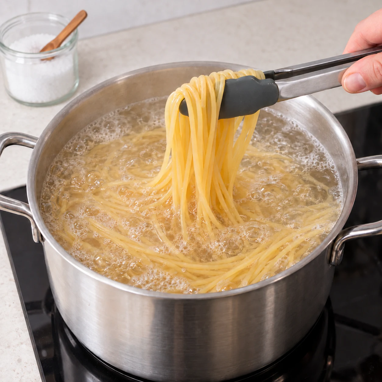 Spaghettis en cours de cuisson dans une grande casserole.
