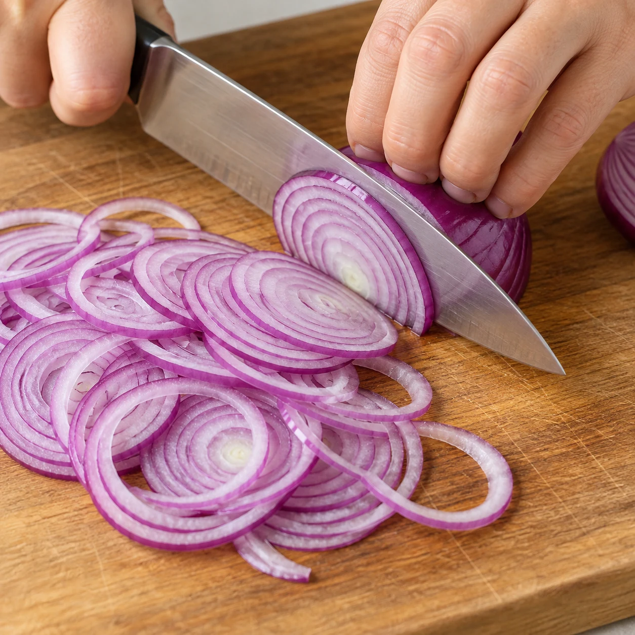 Coupe fine d’un oignon rouge au couteau, rondelles violettes translucides.