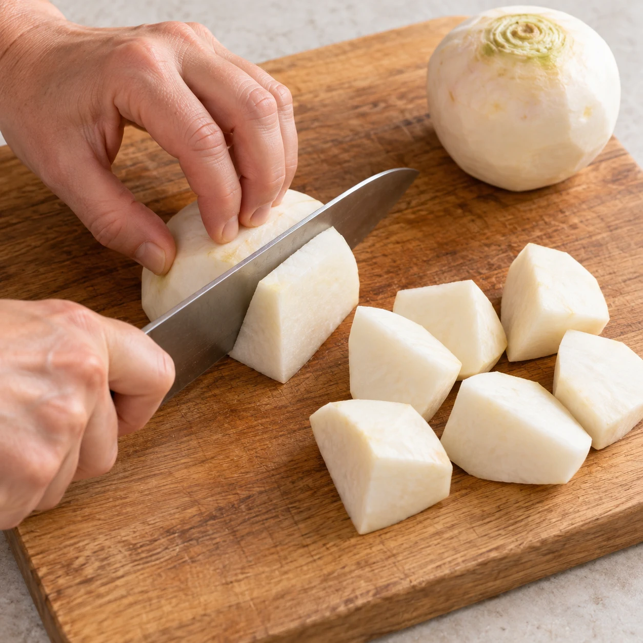 Photo culinaire carrée de l’action : Couper les navets. Les morceaux de navet sont de taille voisine et restent épais. Seulement Navet frais. Mains adultes anonymes seulement si le geste le nécessite, aucun texte, visage, bijou ou viande.