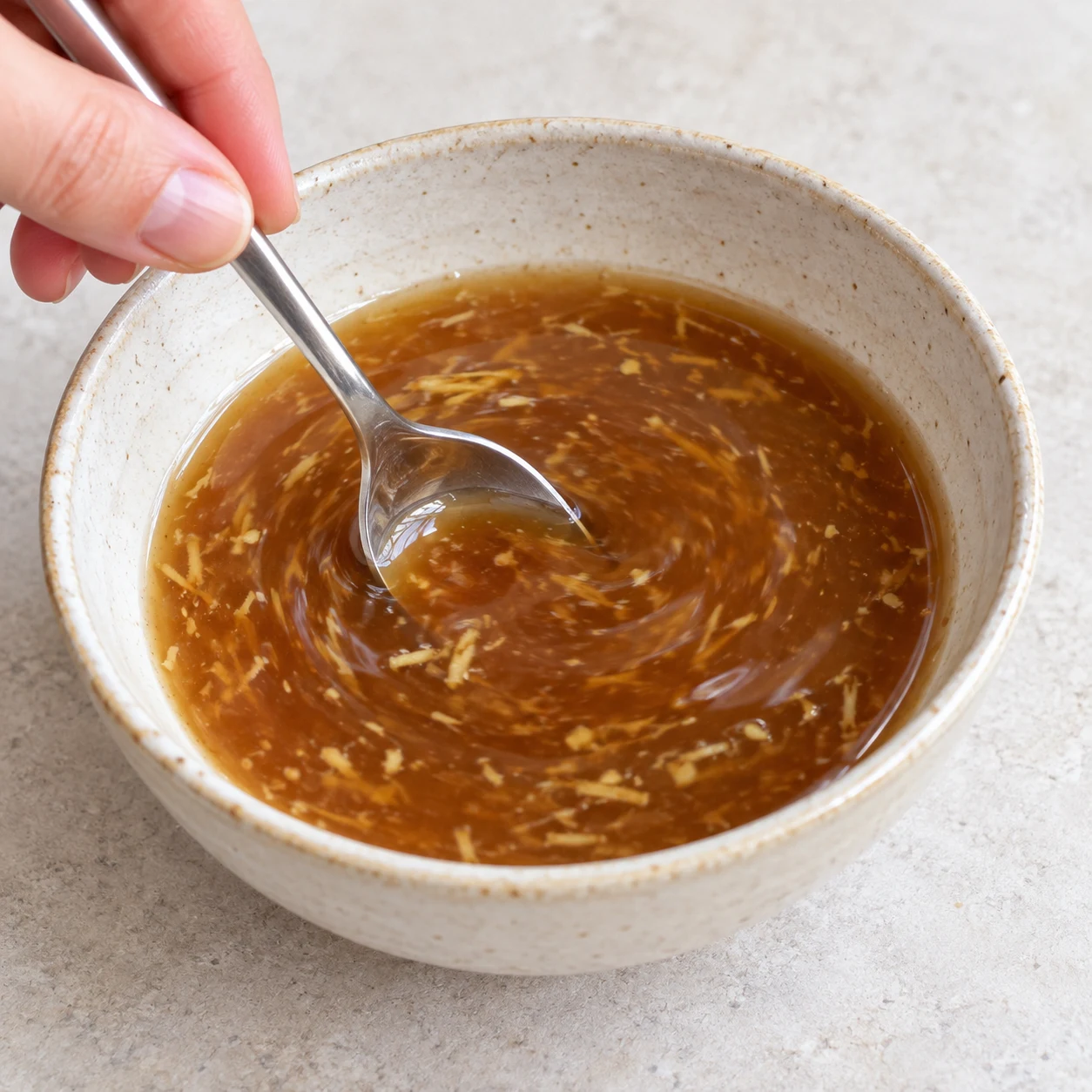 Mélangez dans un bol les 100 g d’eau, 2 c. à soupe de sucre, 1 c. à soupe de fécule, les 2 c. à soupe restantes de sauce soja, 2 c. à soupe de vinaigre de riz et le gingembre râpé.