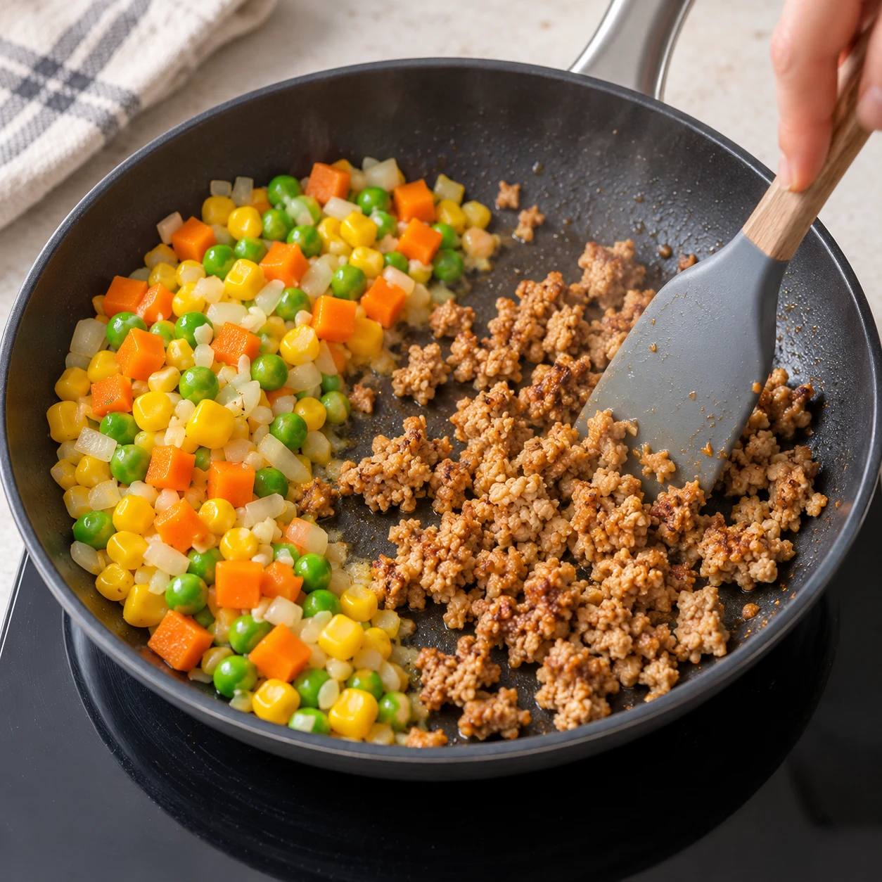 Spatule faisant revenir des miettes de steak végétal beige brun doré d’un côté de la poêle, légumes de l’autre, sans riz ni œuf.