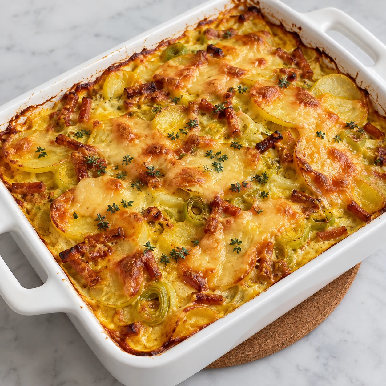 Gratin terminé : pommes de terre, poireaux, petits lardons végétaux fumés, sauce jaune aux épices, couverture de tranches végétales fondues et dorées.