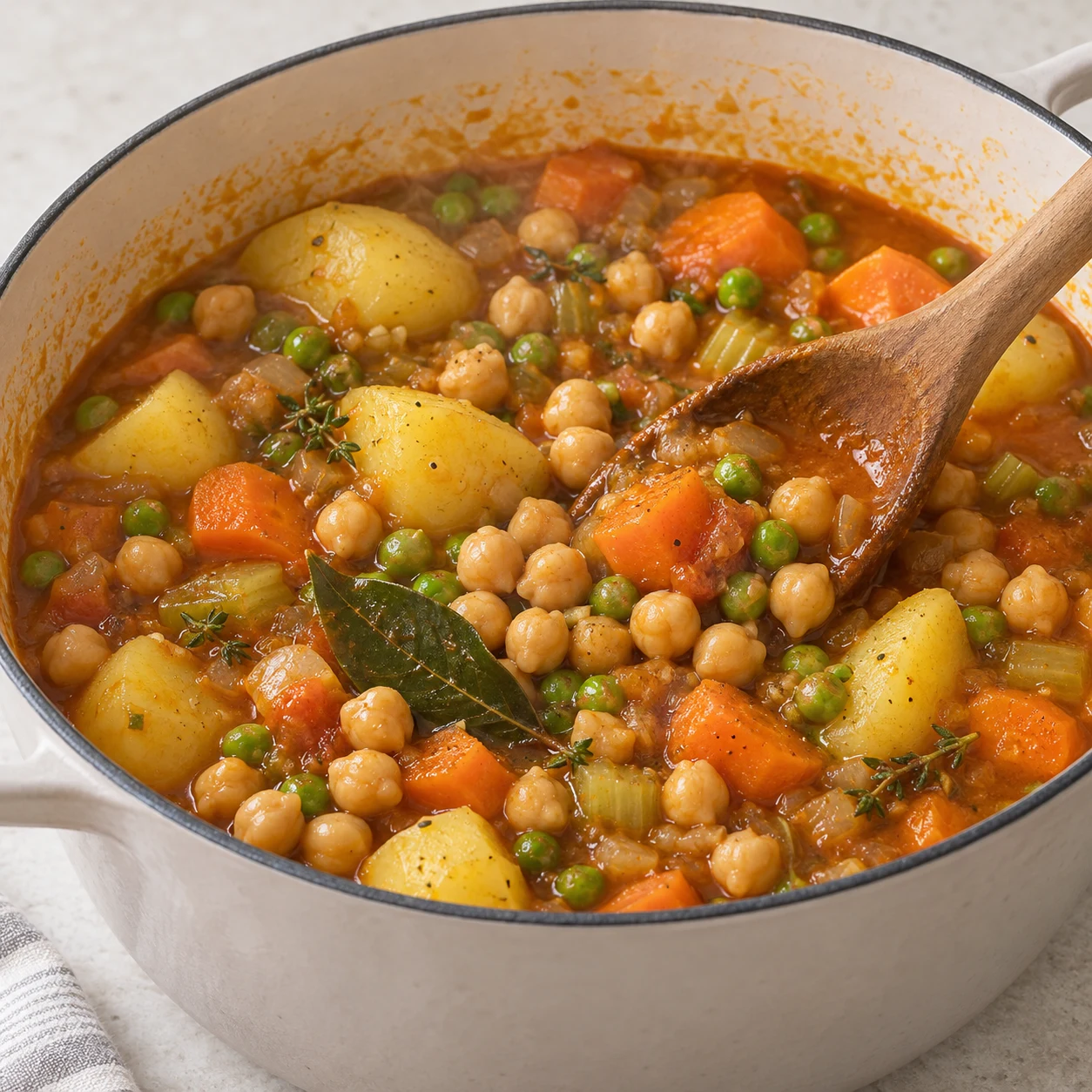 Pois chiches cuits incorporés dans le ragoût de carottes, pommes de terre et petits pois.