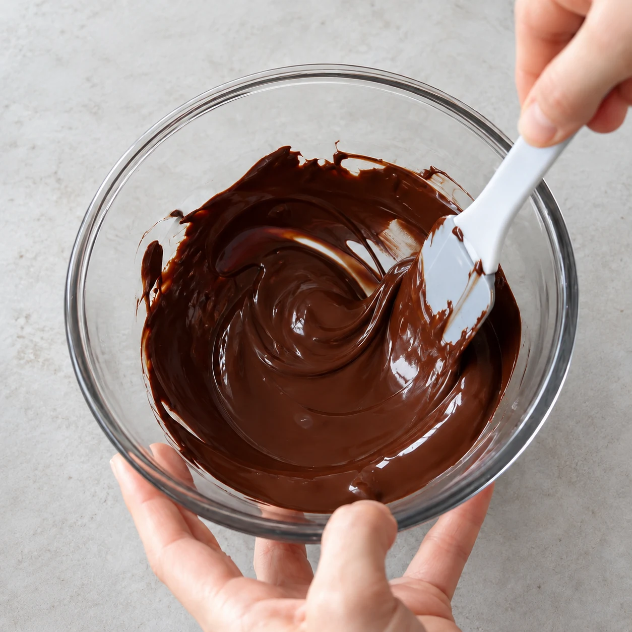 Bol transparent contenant uniquement du chocolat noir fondu, remué avec une spatule.