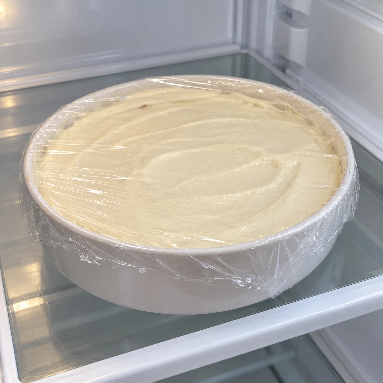 Plat rond de tiramisu à la crème ivoire lissée, couvert, posé dans un réfrigérateur.