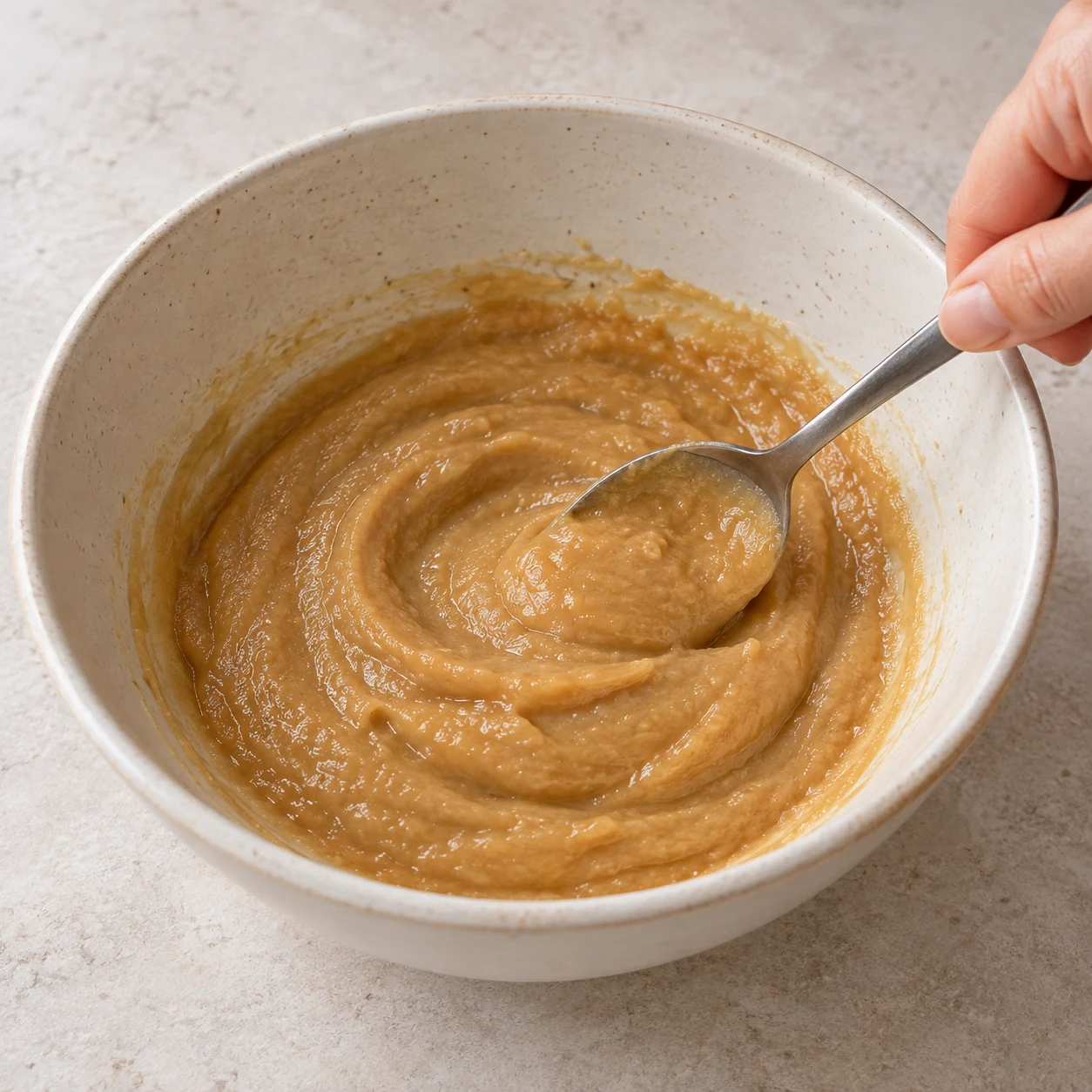 Mélange les 2 càs de purée de cacahuète avec les 100 g de compote de pomme sans sucre ajouté dans un récipient. État à montrer : La compote et la purée de cacahuète forment un mélange uniforme.