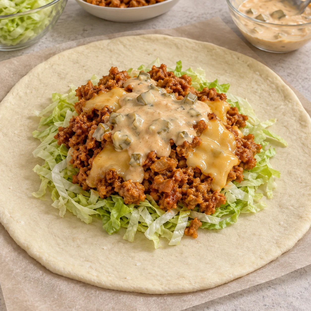 Pâte à pizza crue avec une fine couche de laitue émincée, haché de soja et fromage végétal fondus puis sauce aux cornichons.
