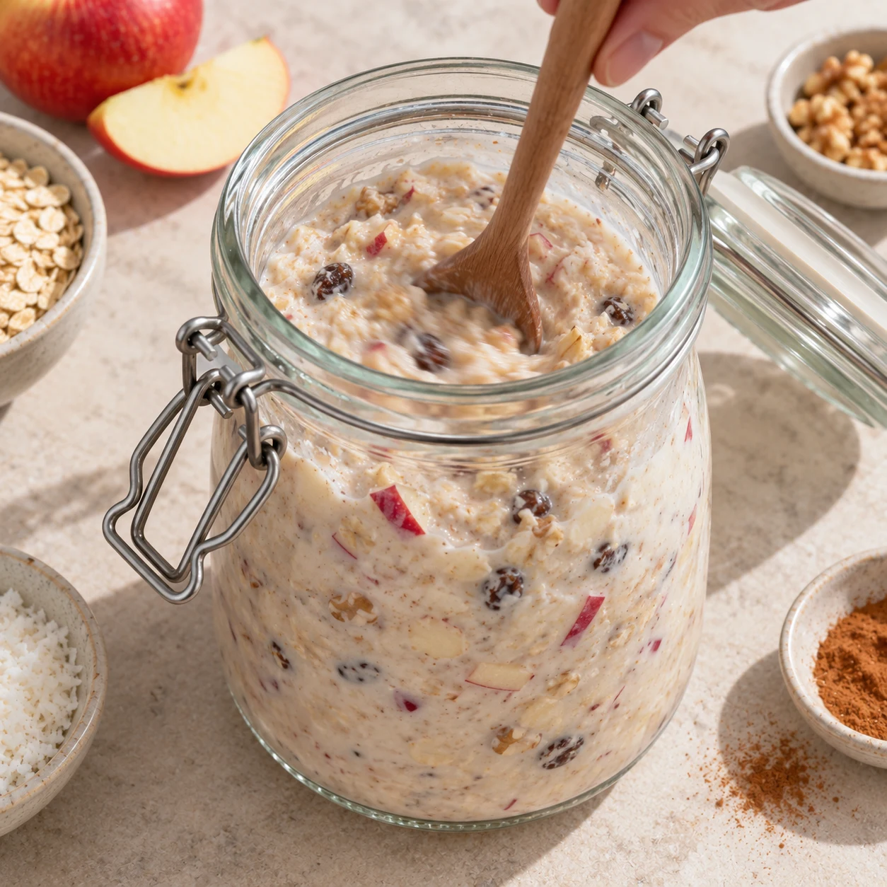 Cuillère remuant le muesli liquide dans le bocal transparent.