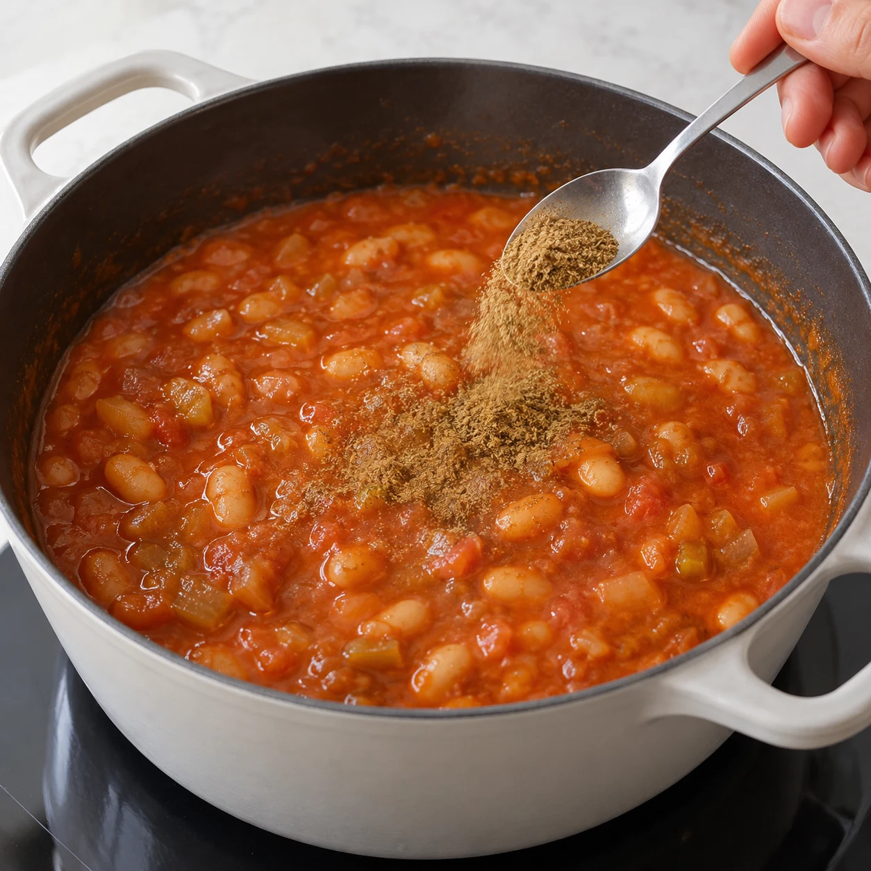 Cumin moulu incorporé en fin de cuisson au mijoté de haricots blancs, sans viande.