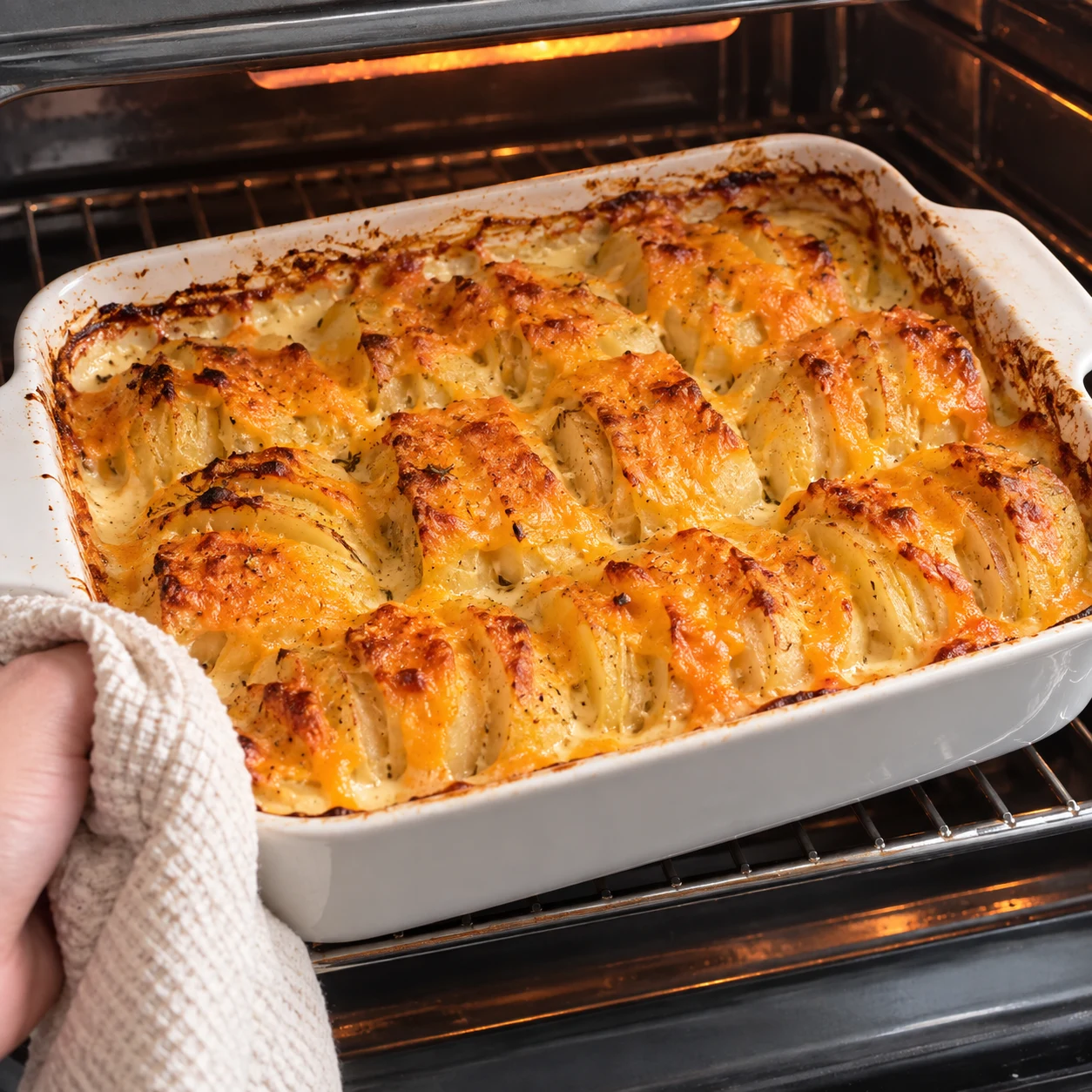 Gratin de pommes de terre en rangées dressées, sauce végétale crémeuse et tranches végétales coupées en lanières fondu légèrement doré dans un plat blanc, sans persil. Les tranches végétales façon cheddar sont orangées ; aucune matière laitière.