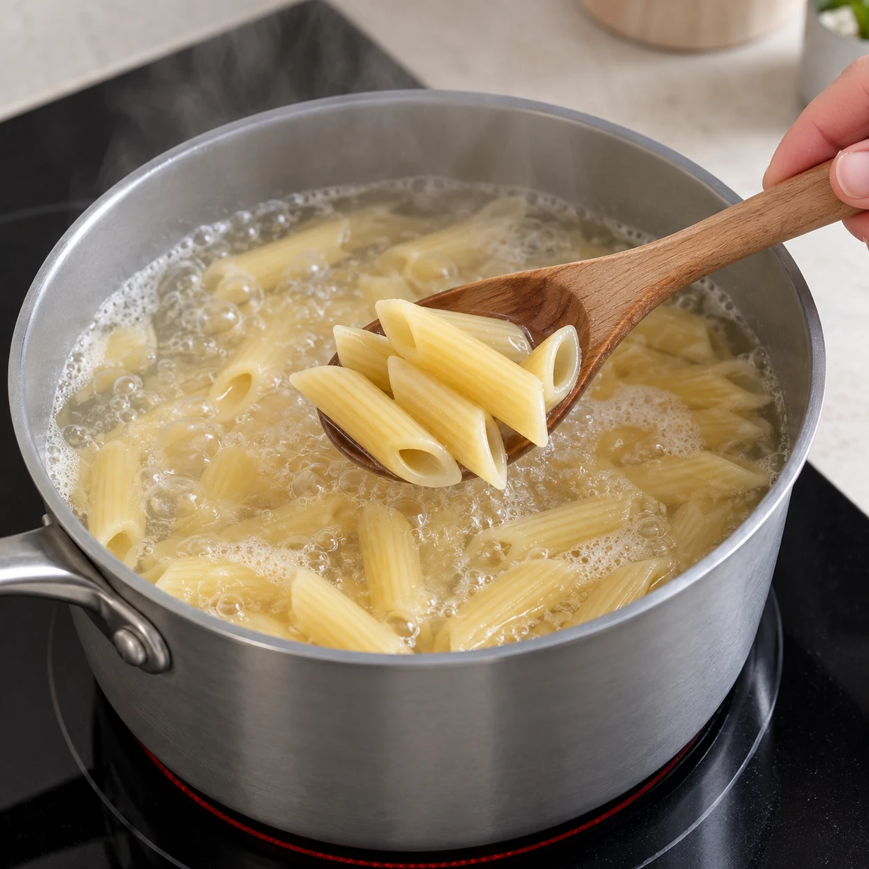 Pendant la préparation de la sauce, fais cuire les 200 g de penne dans une casserole d’eau selon les indications du paquet. Représenter uniquement les ingrédients de cette étape, leur état et le geste indiqué, sans texte ni personne identifiable.