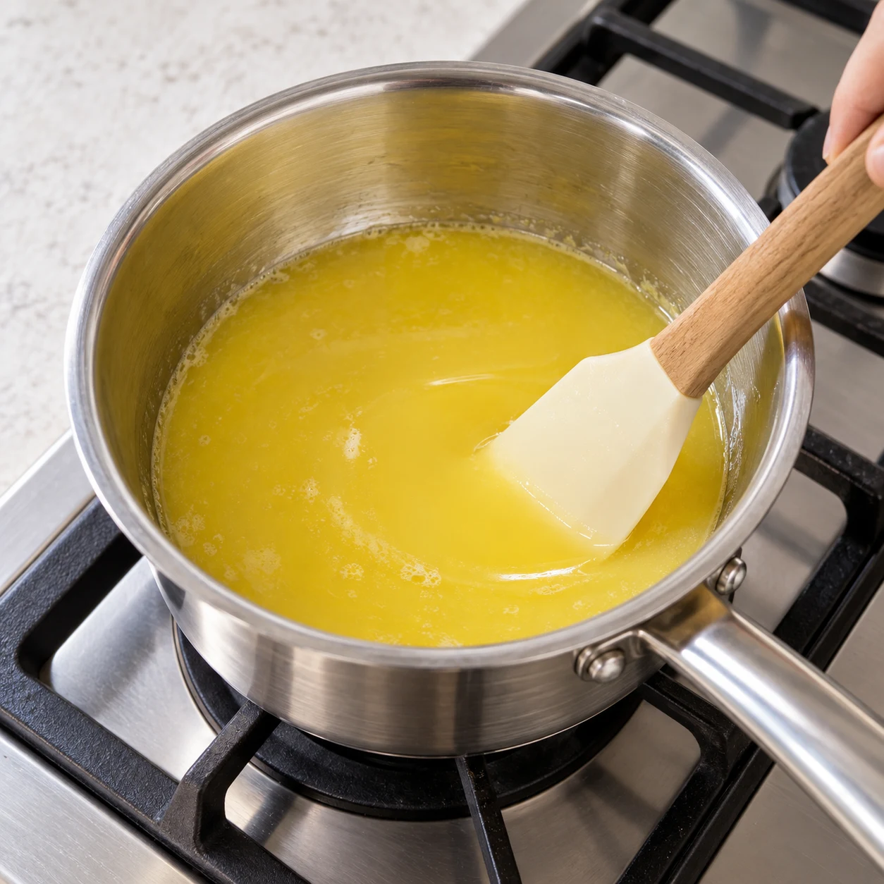 Faire fondre les 180 g de margarine de cuisson dans une petite casserole à feu moyen. Retirer du feu dès qu’elle est liquide : la margarine ne forme pas le beurre noisette de la source.