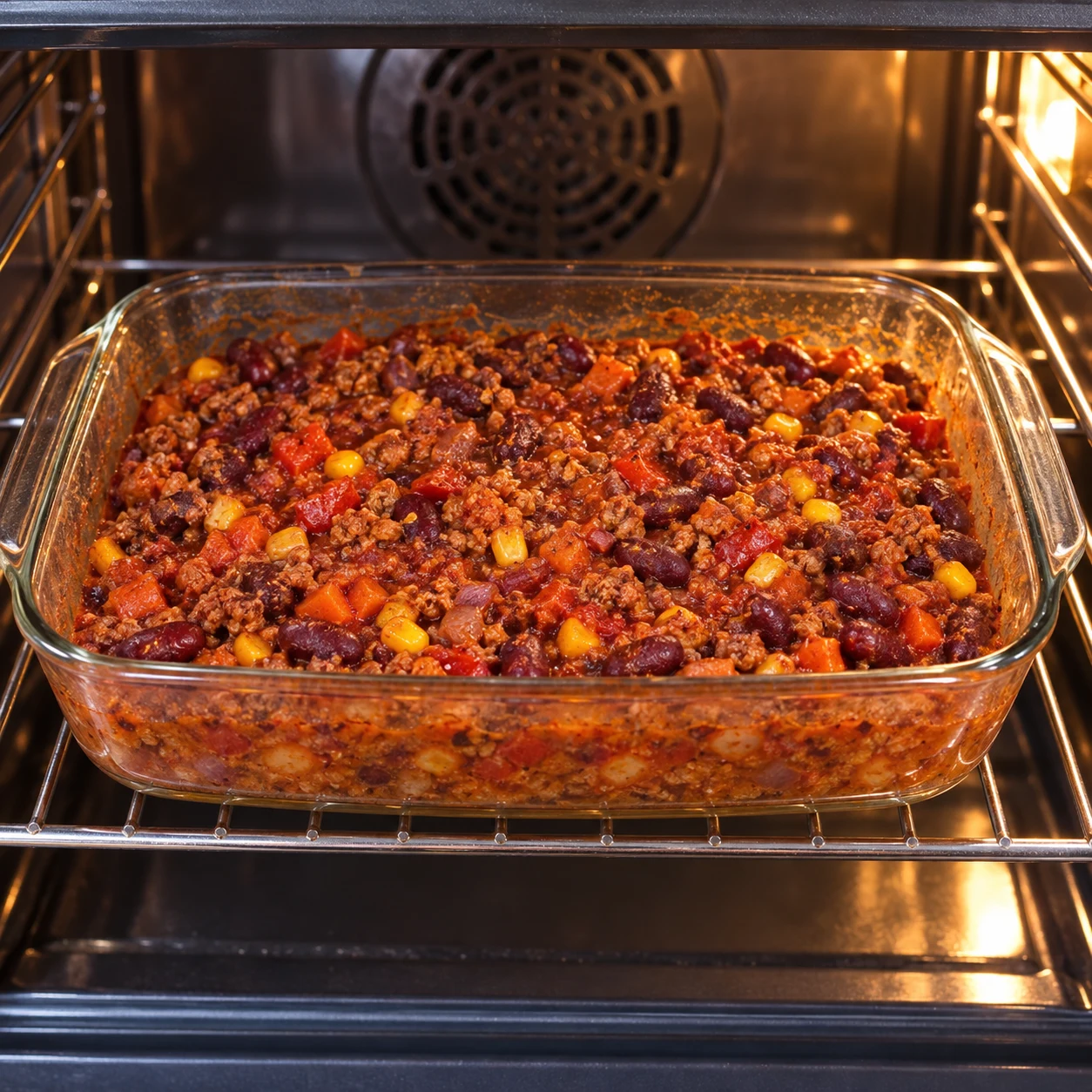 Chili dans le plat en verre découvert à la fin de cuisson, sauce réduite autour des haricots entiers et du haché de soja.