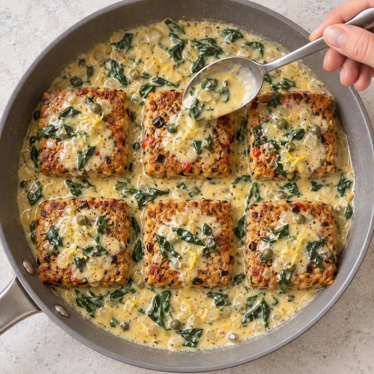 Six carrés de seitan et légumes brun clair, nappés de sauce de crème de soja claire aux épinards, oignons, petites câpres vertes et fines traces de poudre de piment rouge ; ni poisson ni tofu ni riz ajouté.