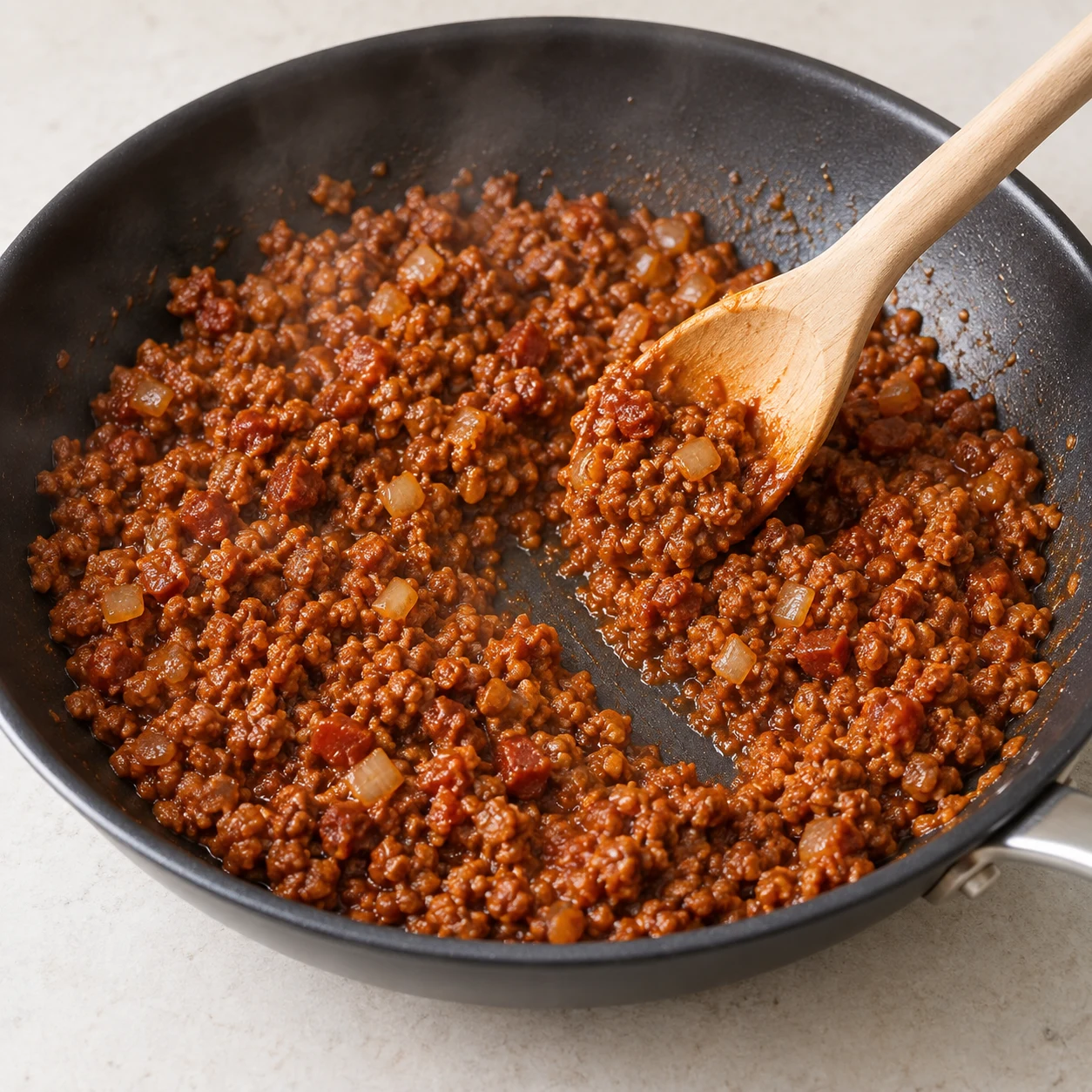 Réduire la sauce. La sauce est épaissie et il ne reste plus de flaque de bouillon. Une seule action, plan de travail pierre pâle, ustensiles neutres ; seulement les ingrédients de cette étape.