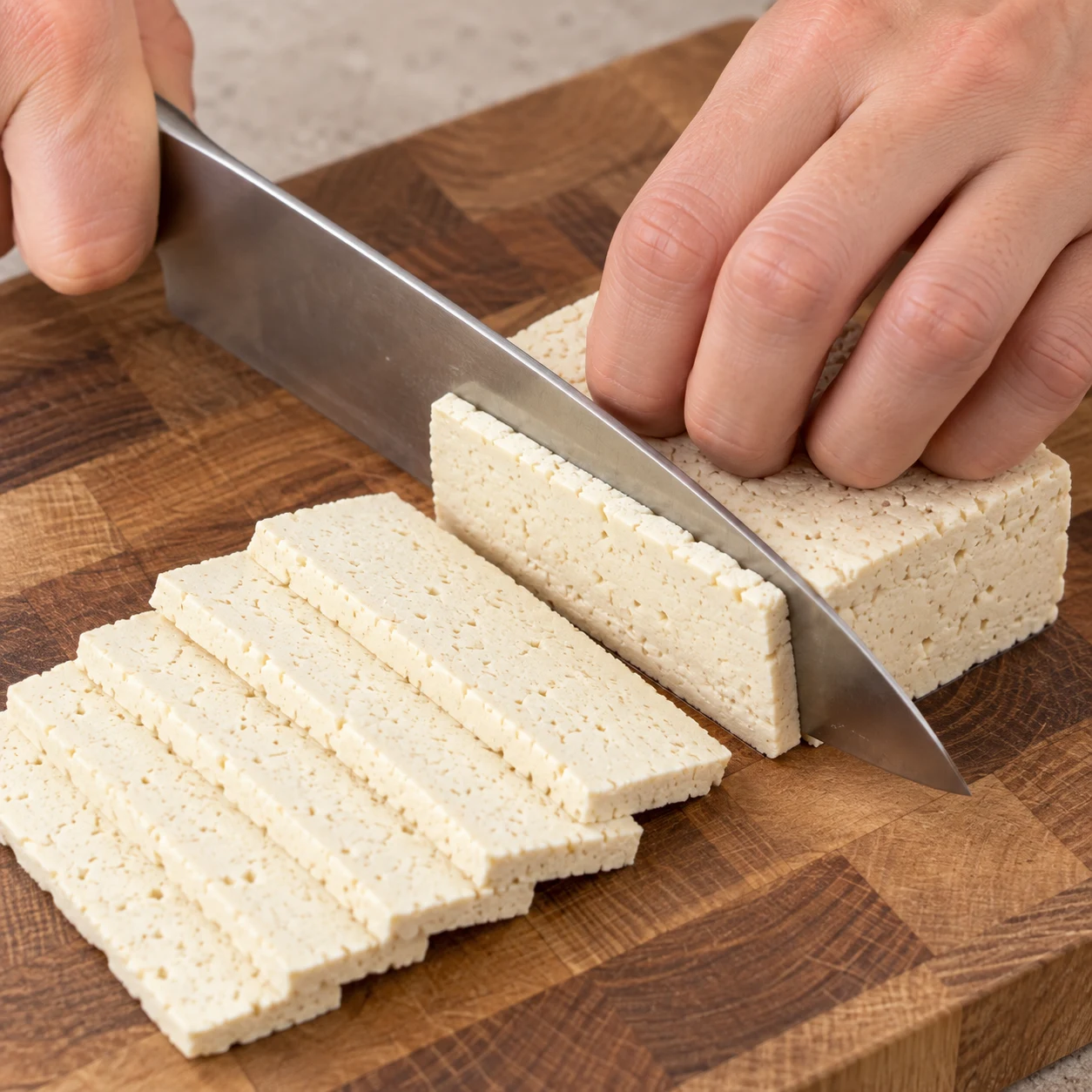 Une main adulte anonyme coupe du tofu ferme en fines lamelles rectangulaires, lame et doigts en griffe visibles.