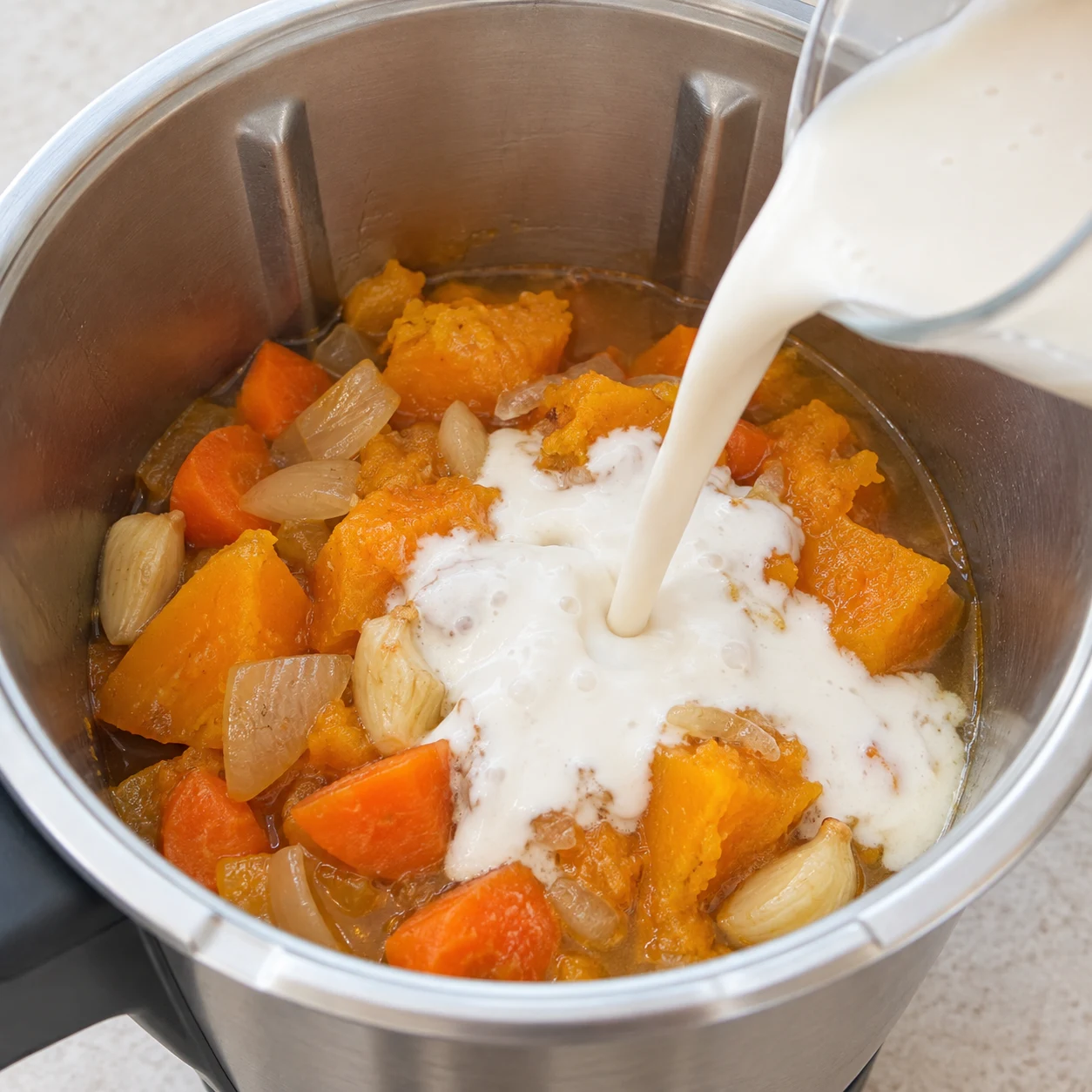 Versez les 250 ml de crème de soja cuisine non sucrée dans le mixeur. Cette crème végétale remplace la crème liquide de la source. Montrer une seule phase et uniquement les ingrédients cités.