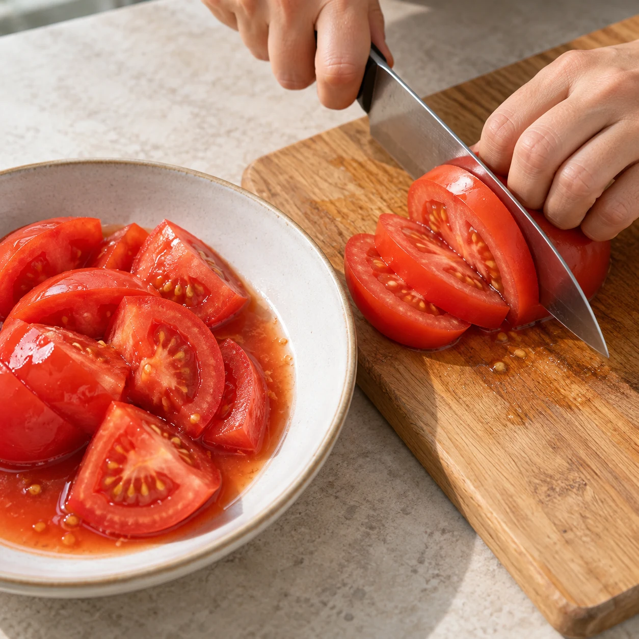 Coupe de grosses tomates rouges avec récupération du jus dans une assiette creuse ; geste sûr, doigts hors du trajet de la lame.