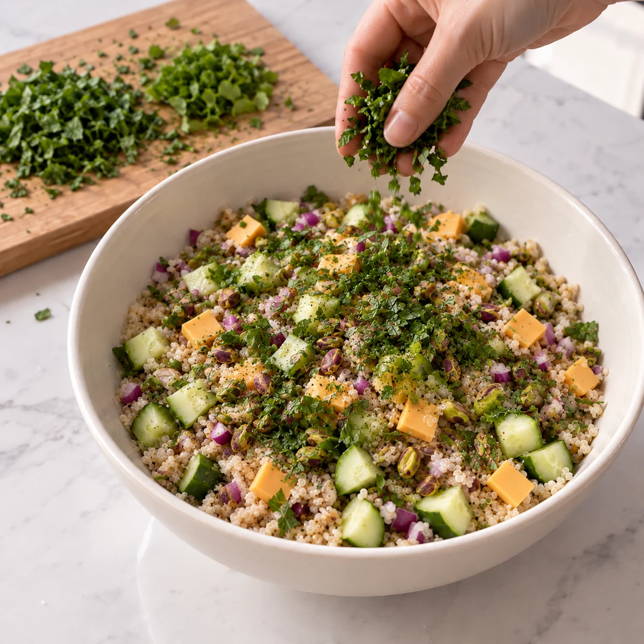 Ajouter les herbes ; Les herbes ciselées sont réparties à la surface de la salade.