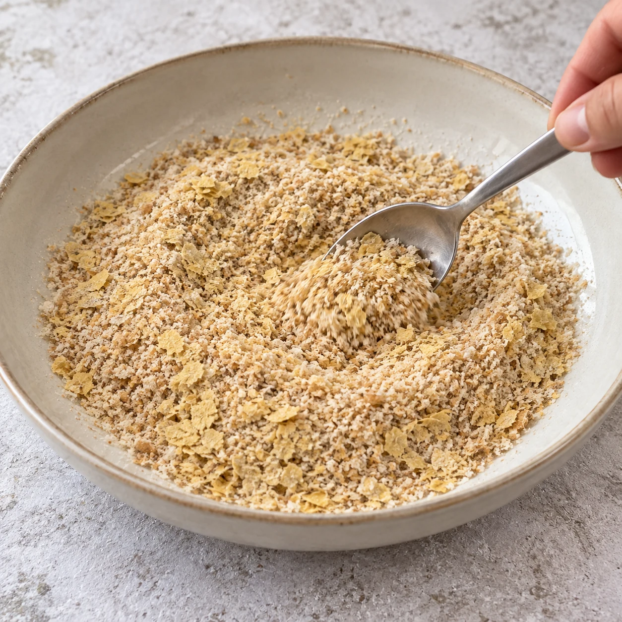 Mélangez les 70 g de chapelure avec les 2 cuillères à soupe de levure maltée dans une autre assiette creuse. Montrer une seule phase de préparation, sans texte et sans personne identifiable.