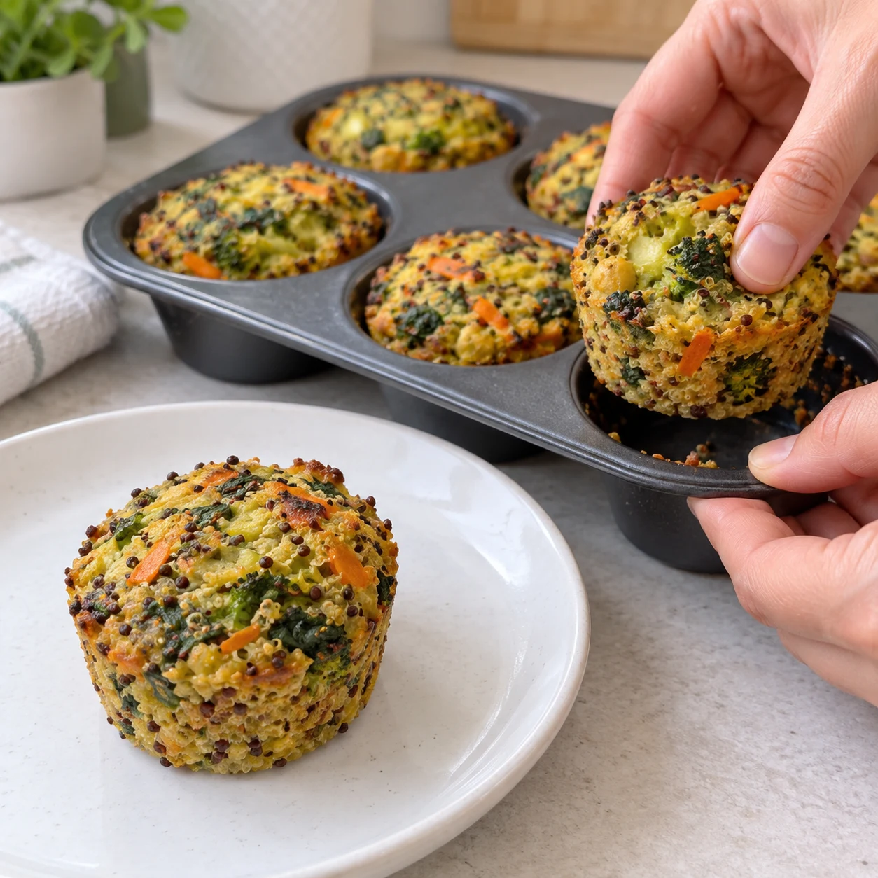 Muffins salés quinoa légumes refroidis, un muffin délicatement démoulé sur assiette blanche.