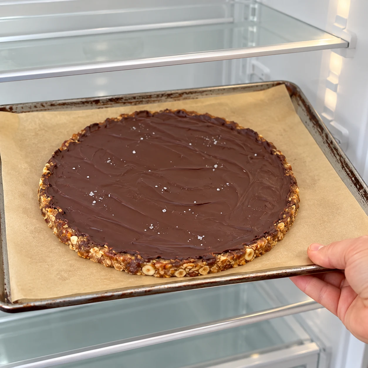 Plaque avec disque nappé figé chocolat, sur une clayette propre de réfrigérateur.