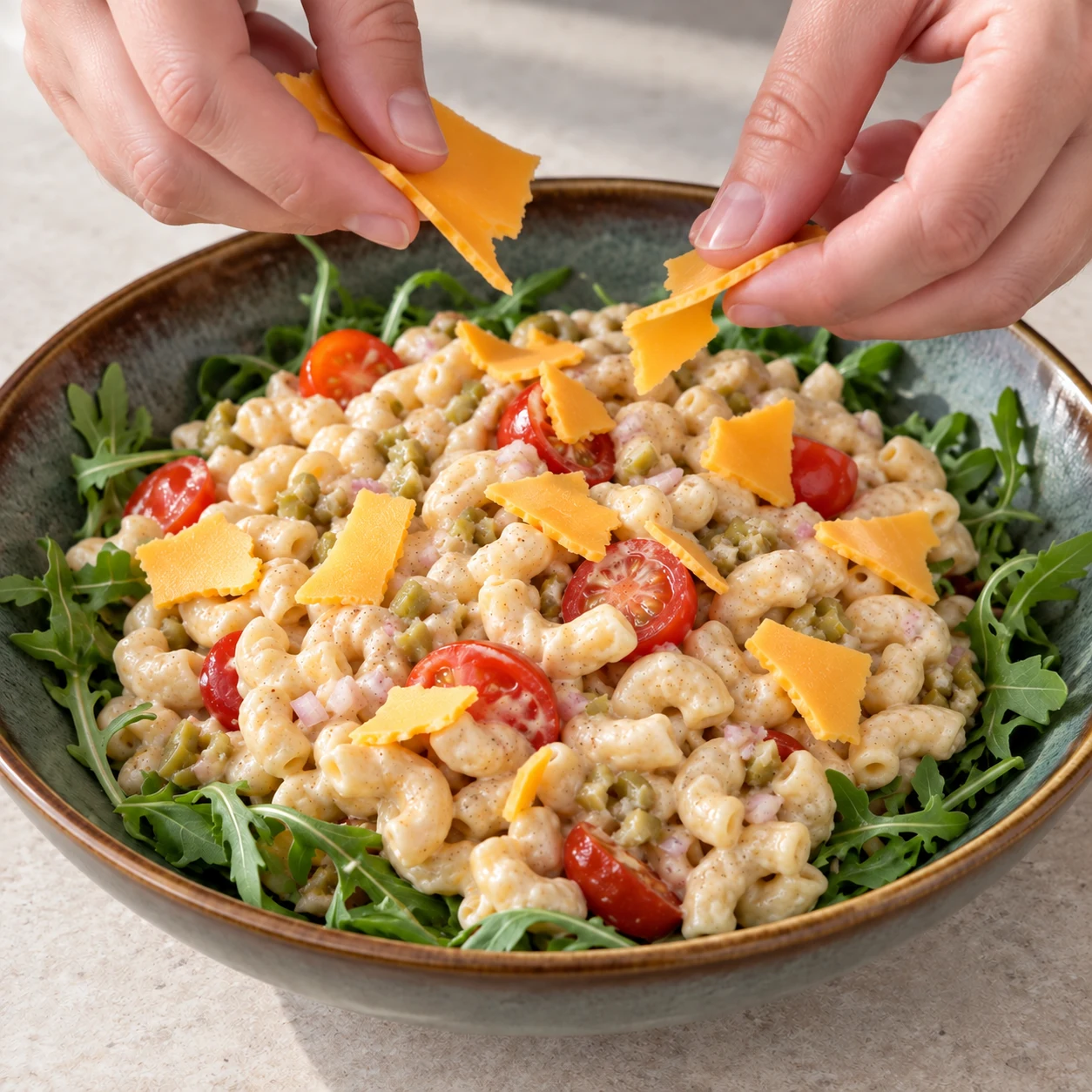 Mains anonymes répartissant de petits morceaux de tranches de fromage végétal orange sur la salade de pâtes à la roquette.