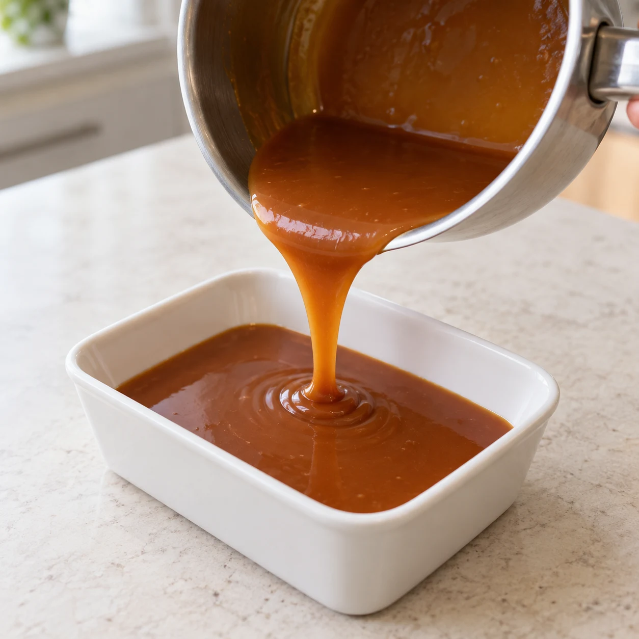 Sauce caramel lisse dans un récipient neutre.