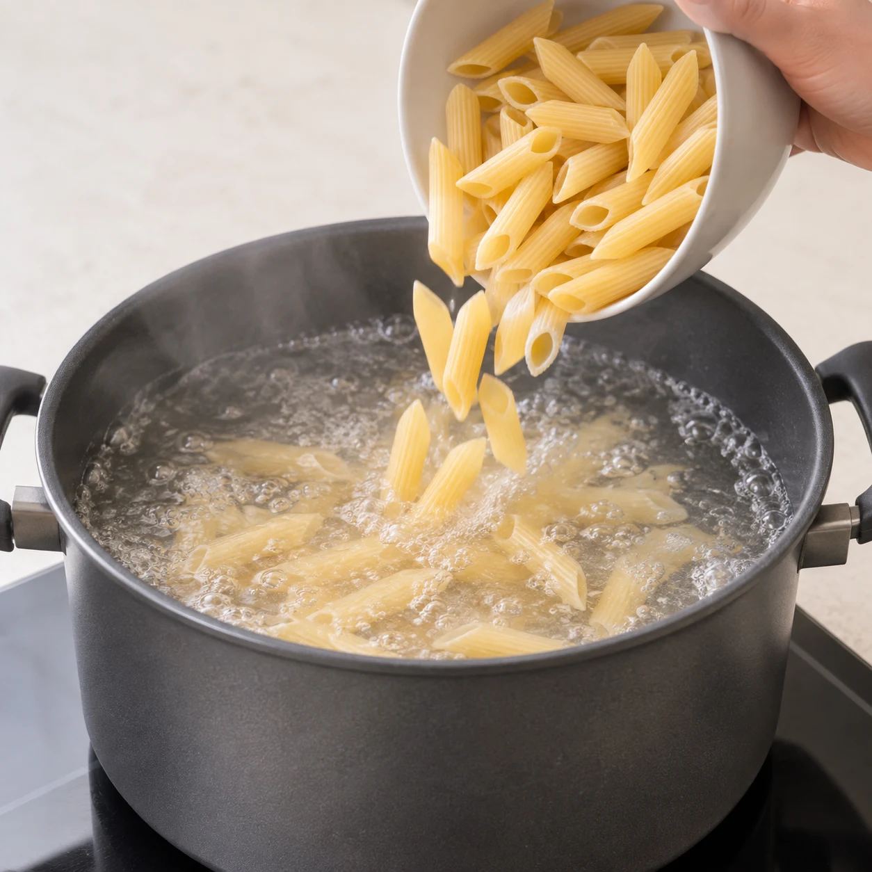 Penne sèches versées d’un bol neutre dans une marmite d’eau bouillante, sans marque.
