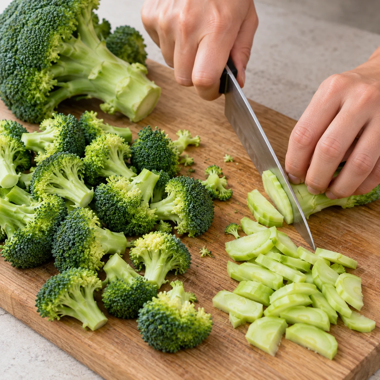 Découpe sûre de brocoli frais vert en petites fleurettes et tiges finement émincées.
