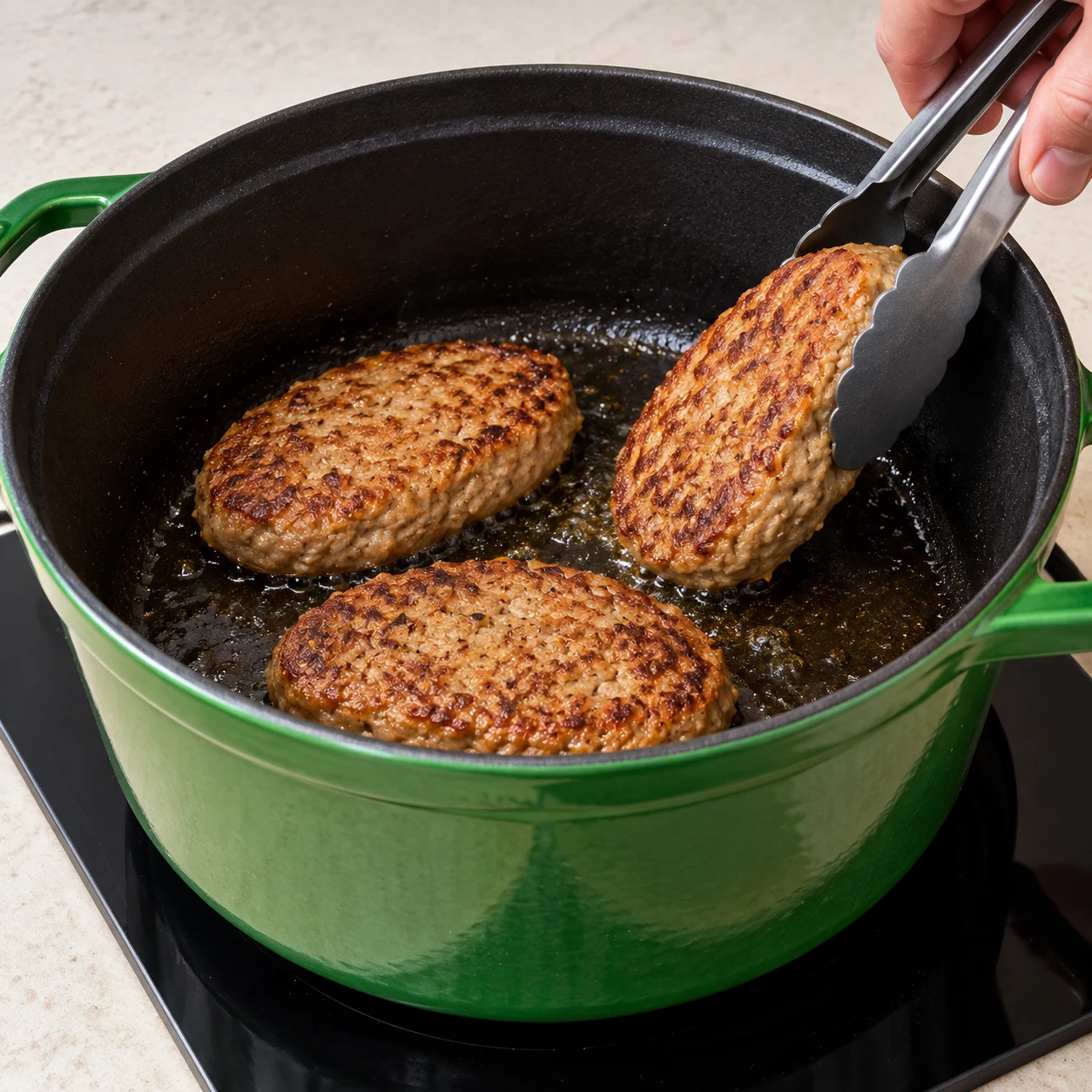 Steaks végétaux entiers beige brun dorant en cocotte verte légèrement huilée, spatule en bois pour retourner un steak. Aucune viande, aucun tofu et pas de légumes à ce stade.