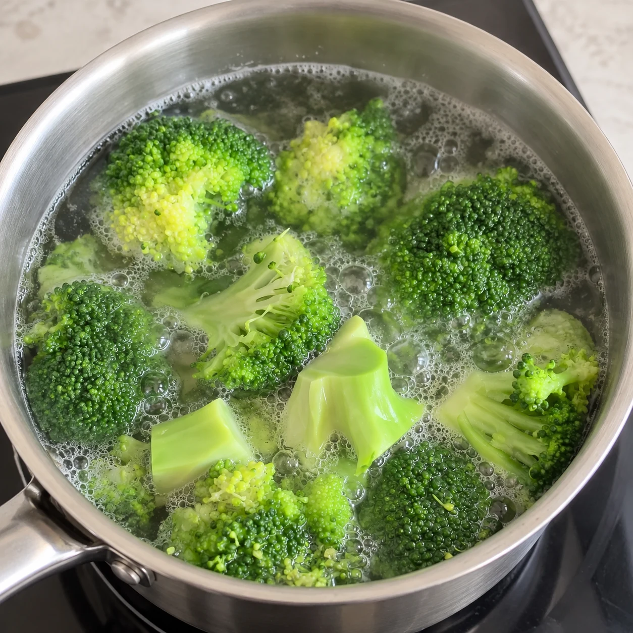 Fleurettes de brocoli cuites dans une casserole d’eau.