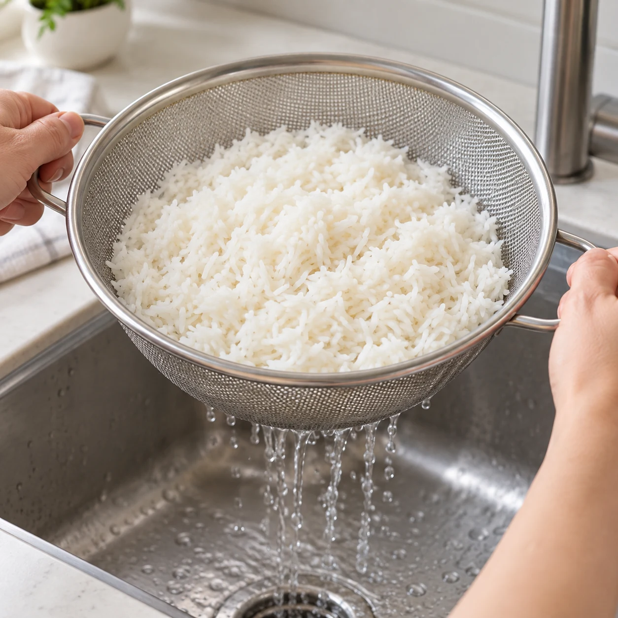 Égoutte le riz cuit dans une passoire conformément à sa notice. Résultat : L’eau de cuisson s’est écoulée et le riz reste dans la passoire.
