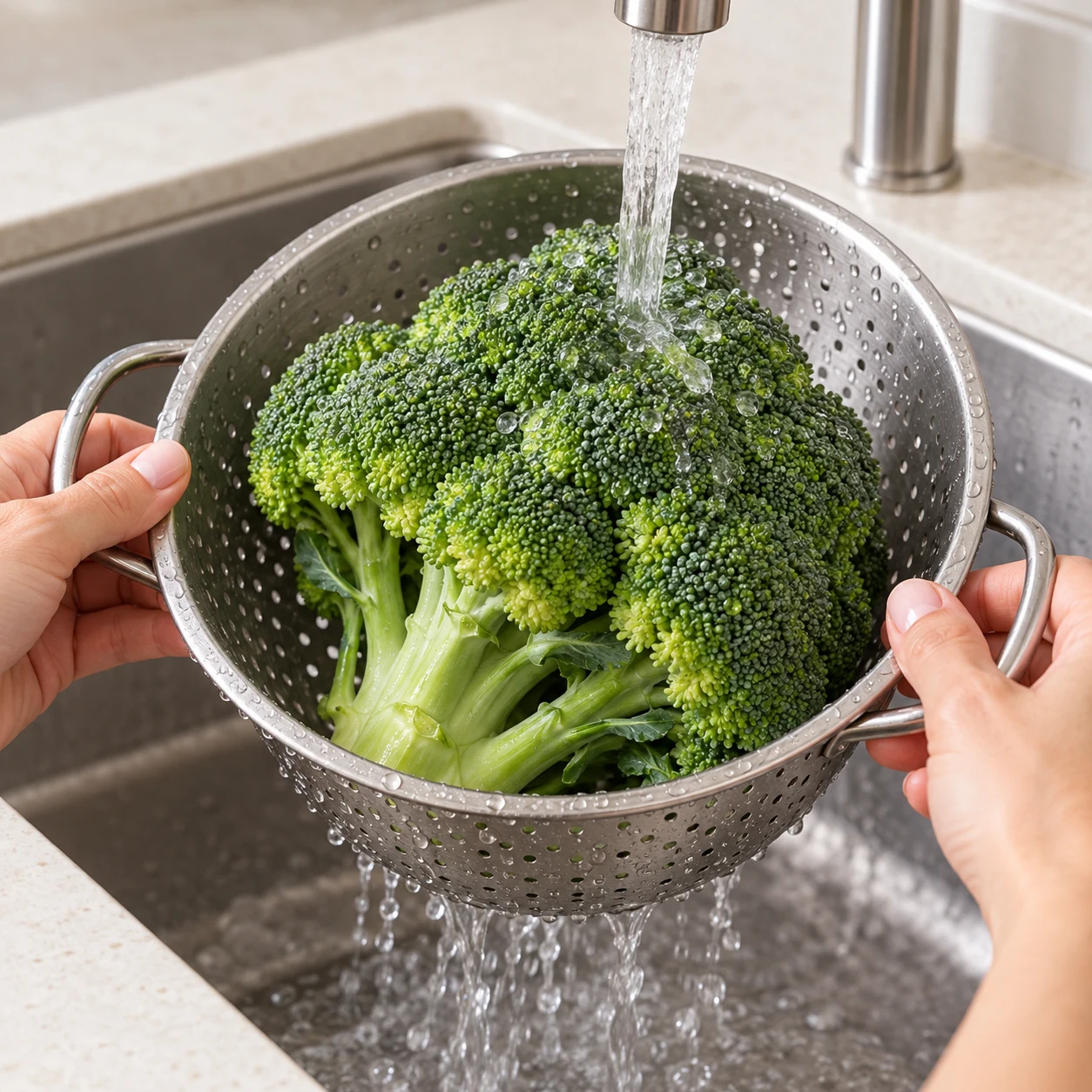 Le brocoli frais sous un filet d’eau dans une passoire.