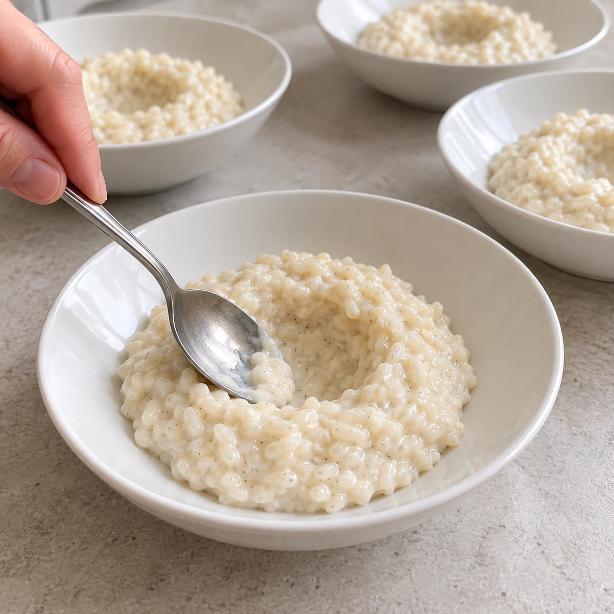 Riz crémeux dressé avec un creux central dans une assiette blanche.