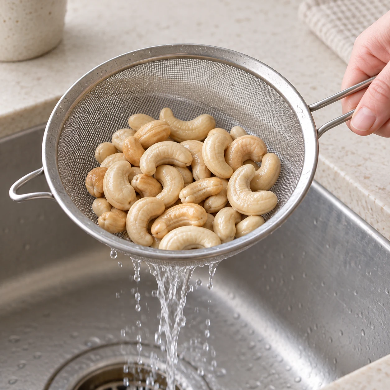 Égouttez les cajous trempées dans une passoire et jetez l’eau de trempage. Une seule action, pierre pâle, sans texte.