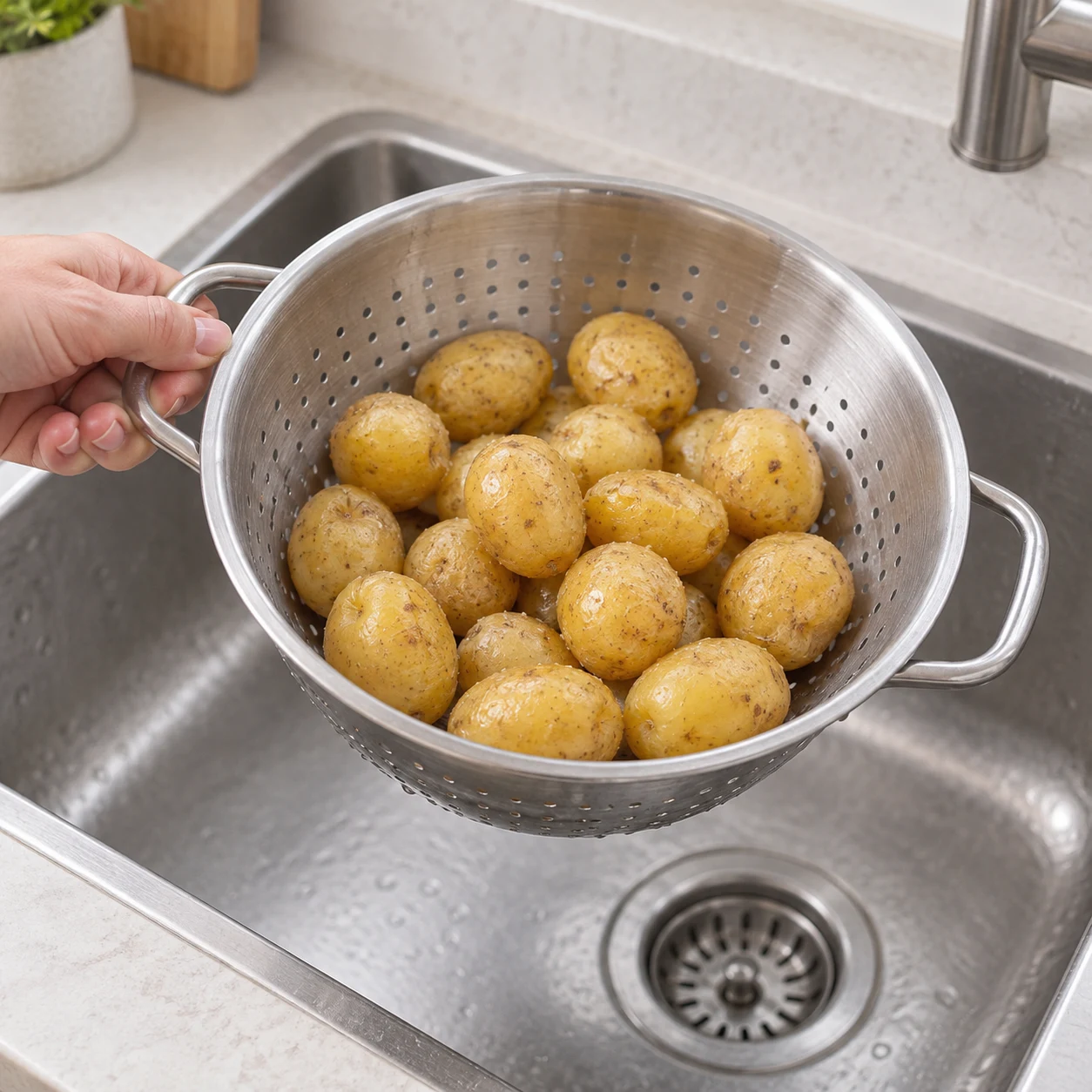 Une passoire de pommes de terre cuites sans eau de cuisson, au-dessus d’un évier.