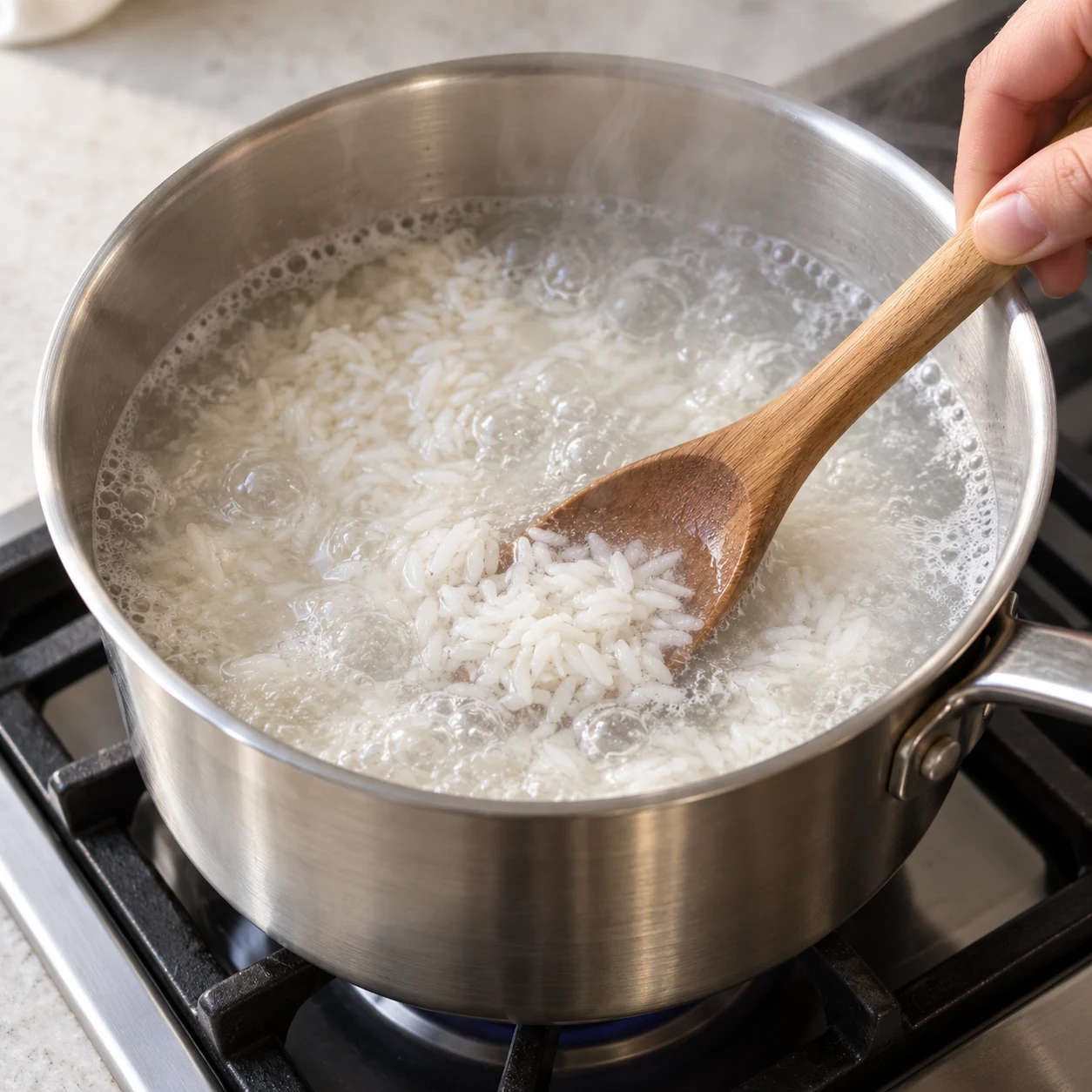 Riz blanc en train de mijoter dans une casserole d’eau bouillante, aucun autre aliment ; eau comme milieu de cuisson uniquement.