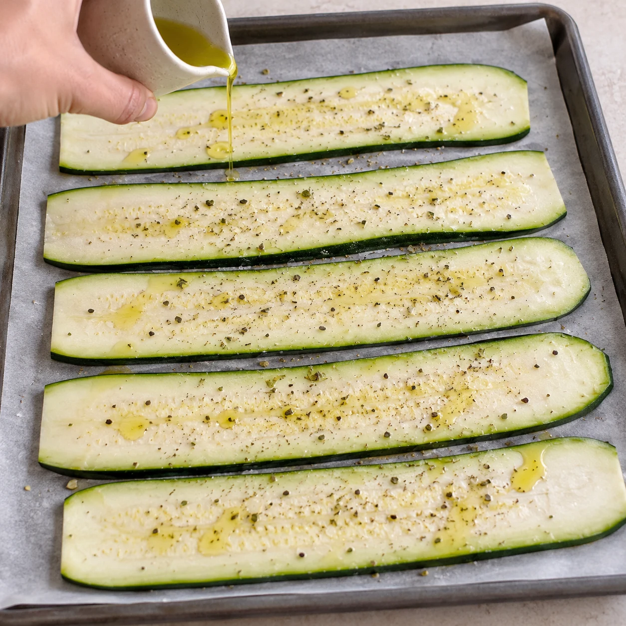 Assaisonner les lamelles : Les lamelles sont à plat et légèrement brillantes, sans baigner dans l’huile. Une seule phase culinaire, plan de travail pierre pâle, lumière naturelle, aucun texte.