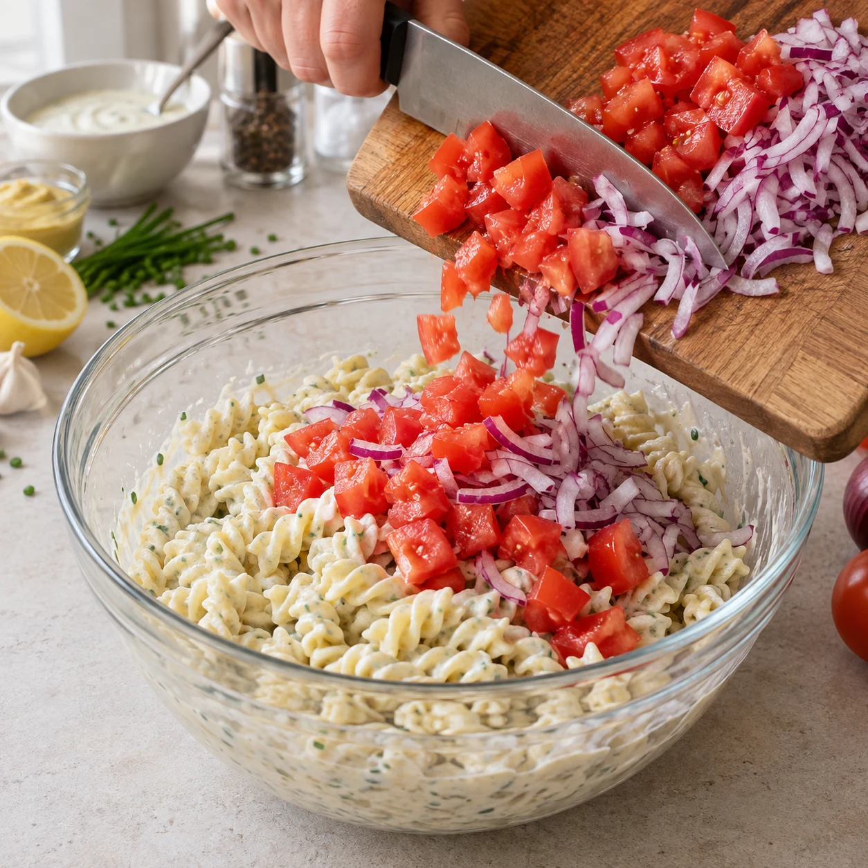 Dés de tomates et oignon rouge émincé ajoutés au saladier de pâtes crémeuses.
