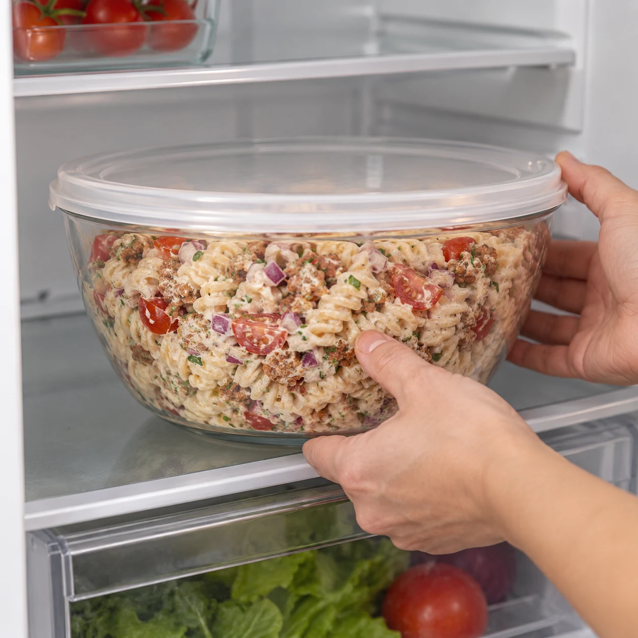 Salade froide de fusilli au haché de soja dans un récipient fermé au réfrigérateur.