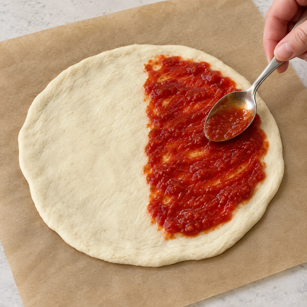 Répartissez les 300 ml de sauce tomate entre les six calzones. Nappez seulement la moitié de chaque disque et gardez le bord libre pour la fermeture.