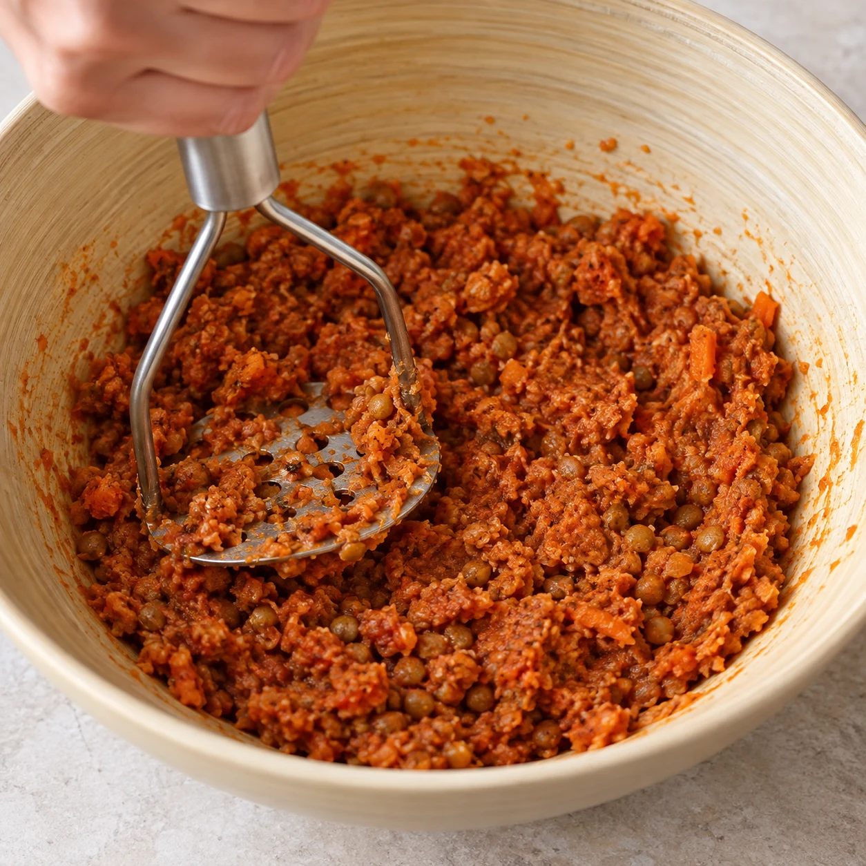 Presse-purée homogénéisant une pâte grossière lentilles-carottes au concentré.