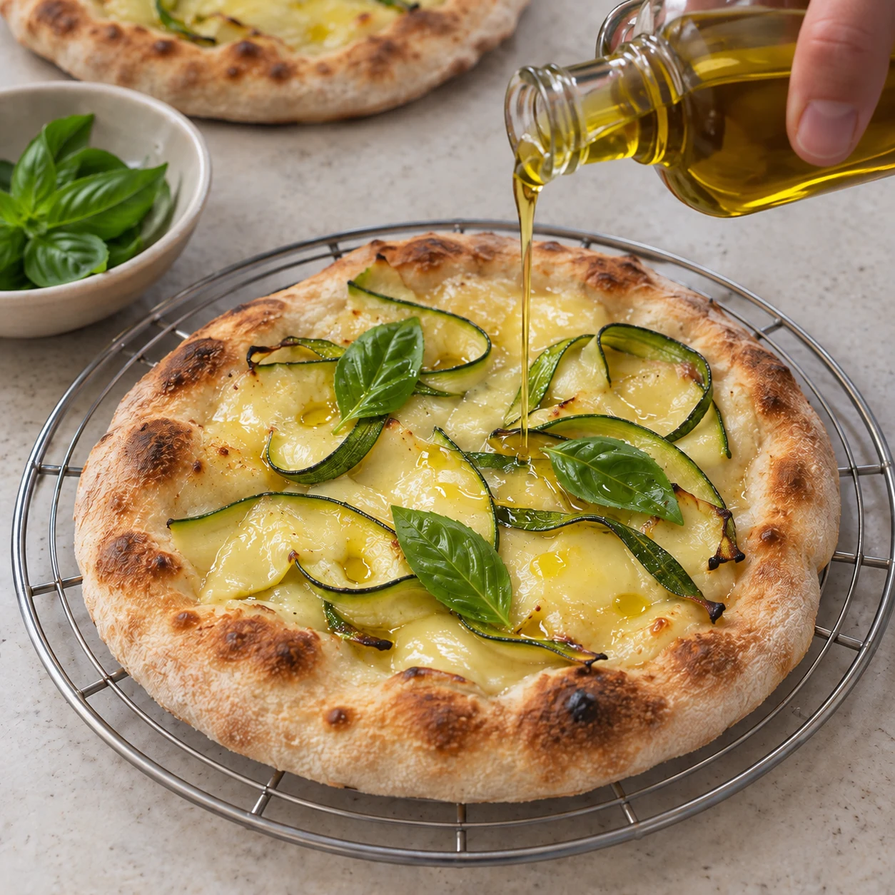 Petit filet d’huile d’olive versé sur pizzette finie, sans marque ni emballage.
