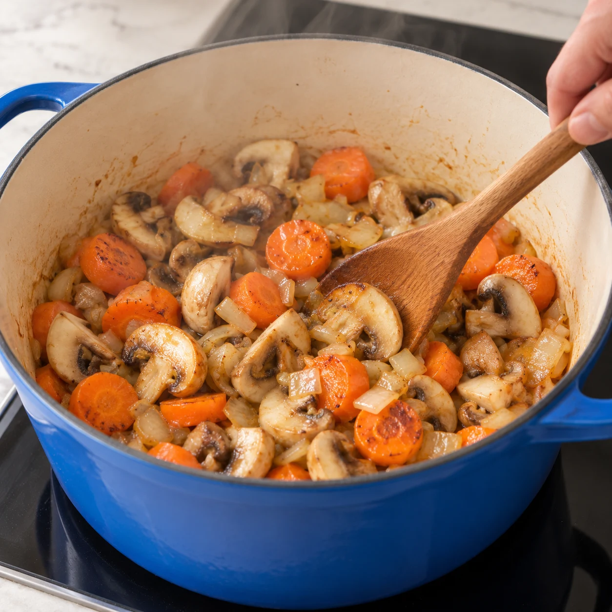 Quartiers de champignon rejoignant les carottes et oignons dans la cocotte.