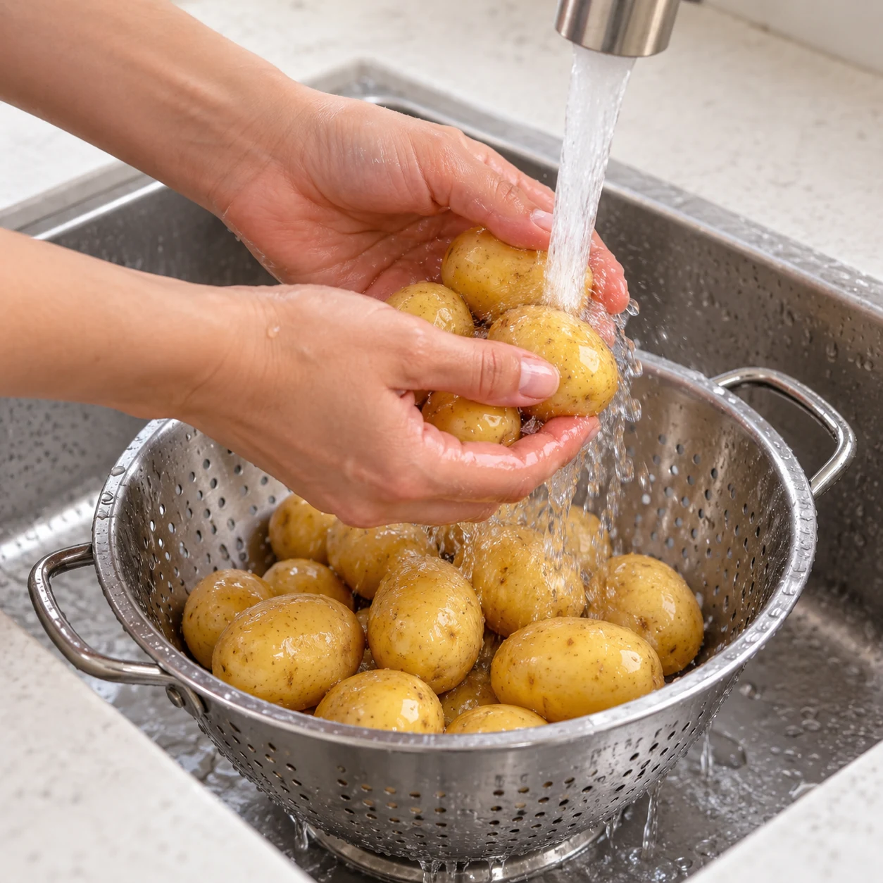 Lavage de petites pommes de terre entières sous eau courante, mains anonymes.