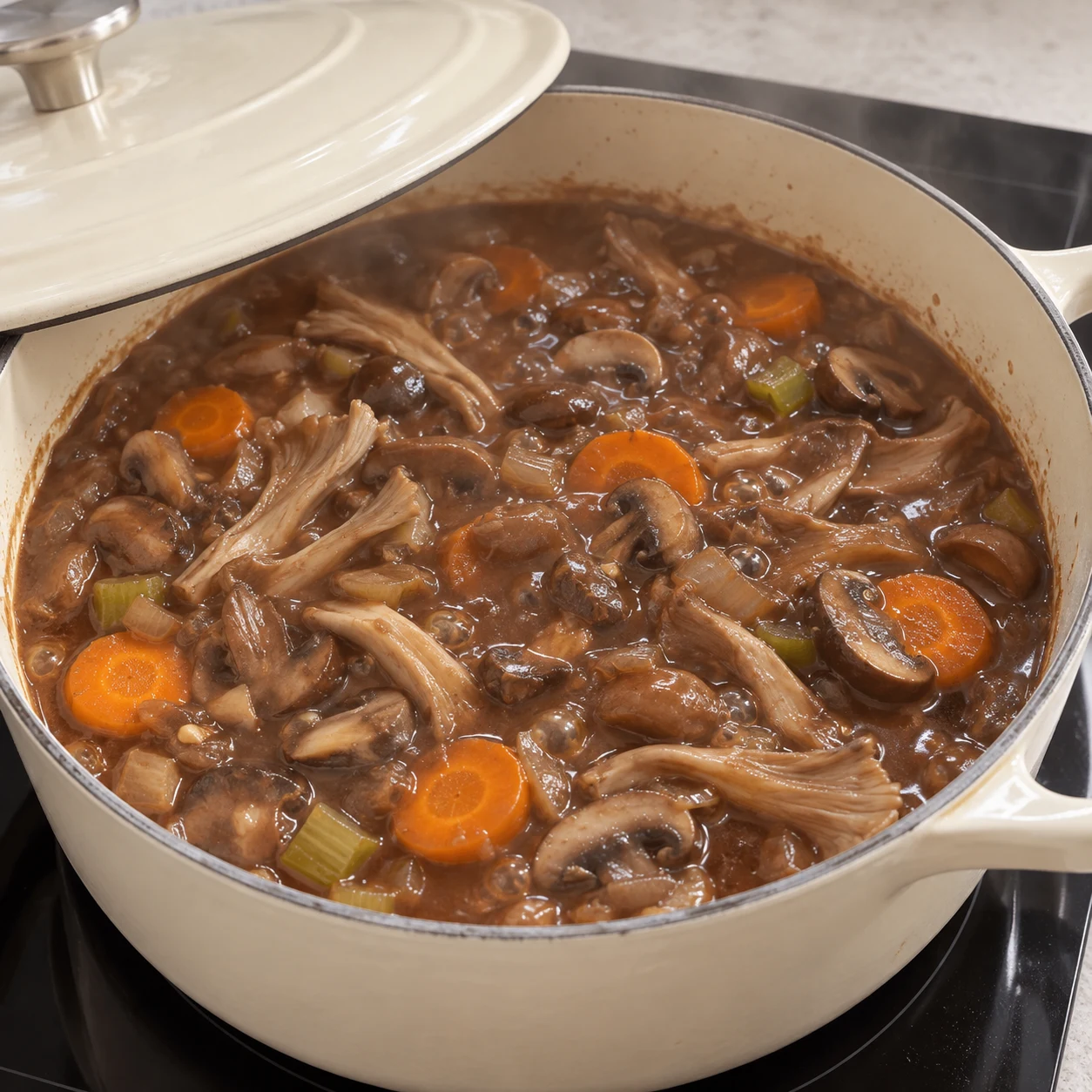 Ragoût brun épais au vin rouge, rondelles de carotte, champignons bruns et abondantes lanières cuites de pleurotes ; aucun jacquier, aucune purée ni garniture.
