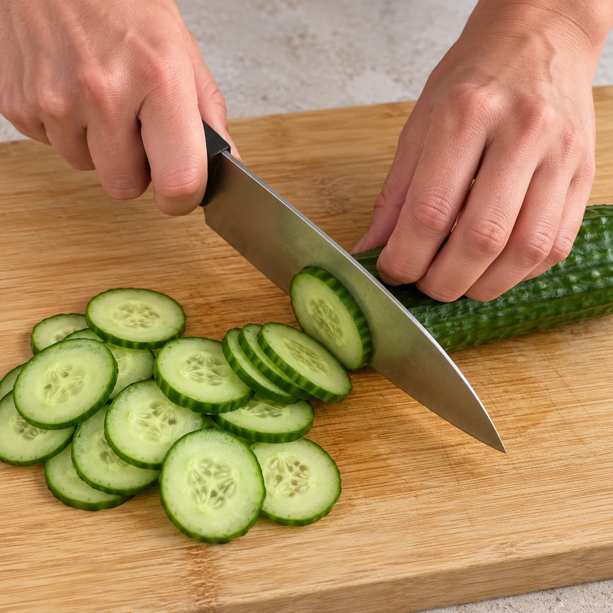 Couper le concombre : Le tiers de concombre est coupé en rondelles fines.
