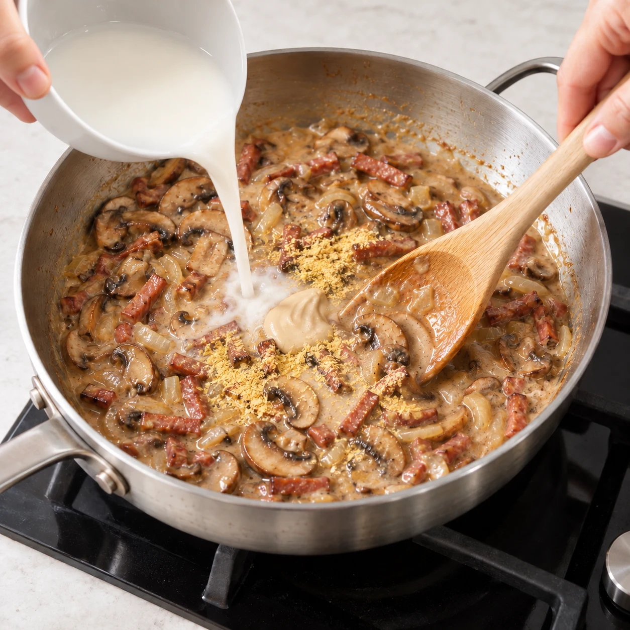 Une seule action : Ajouter la base de sauce. La fécule, le tahini et la levure maltée sont mélangés à la poêlée. Uniquement les ingrédients de cette phase : Oignon, Champignons de Paris, Lardons végétaux fumés, Huile végétale, Sauce soja salée, cassonade, Sirop d’érable, Fécule de maïs, Eau froide, Tahini blanc, Levure maltée. Allumettes végétales fumées rosées à base de soja ; jamais de tofu ni de miso. Sauce onctueuse brun clair au sésame, plus pâle que dans la source.