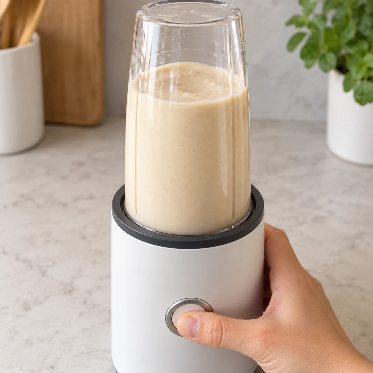 Un bol de mixeur fermé contient une crème beige homogène ; une main anonyme actionne le mixeur.